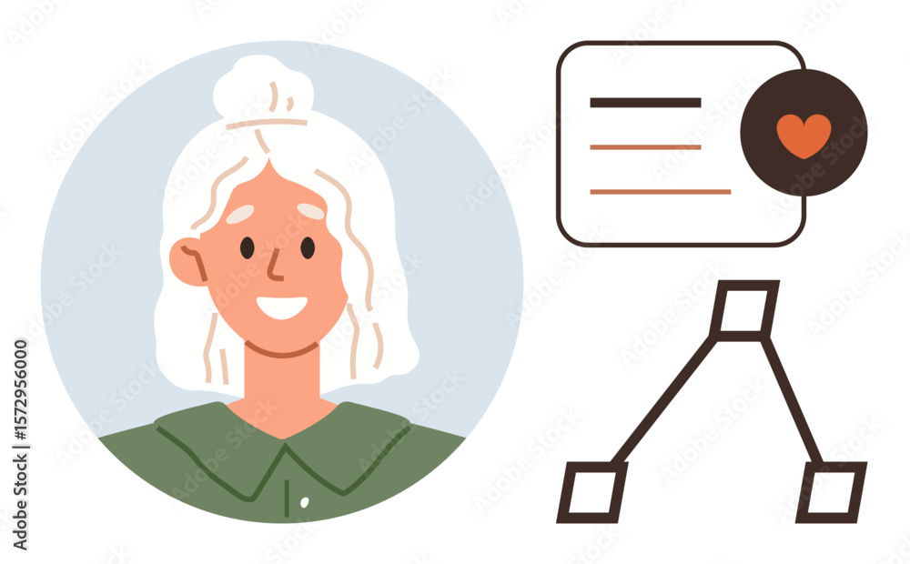 Poster smiling female avatar next to heart communication icon and diagram structure. ideal for networking, 