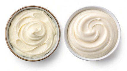 Creamy Mayonnaise Bowls: Two Styles, Overhead Studio Shot, Isolated on White Background