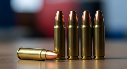 Ammunition bullets with metallic casings and copper tips arranged on surface in close-up shot