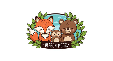 Naklejka premium Cute cartoon woodland animals fox bear owl illustration for kids design art