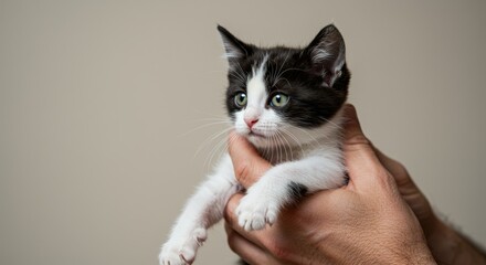 Fluffy Black and White Kitten Looking Innocently