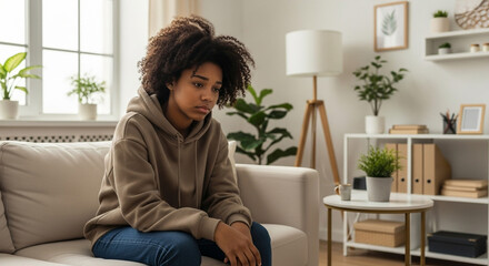 Sad african american woman on couch feeling stress and anxiety mental health issues
