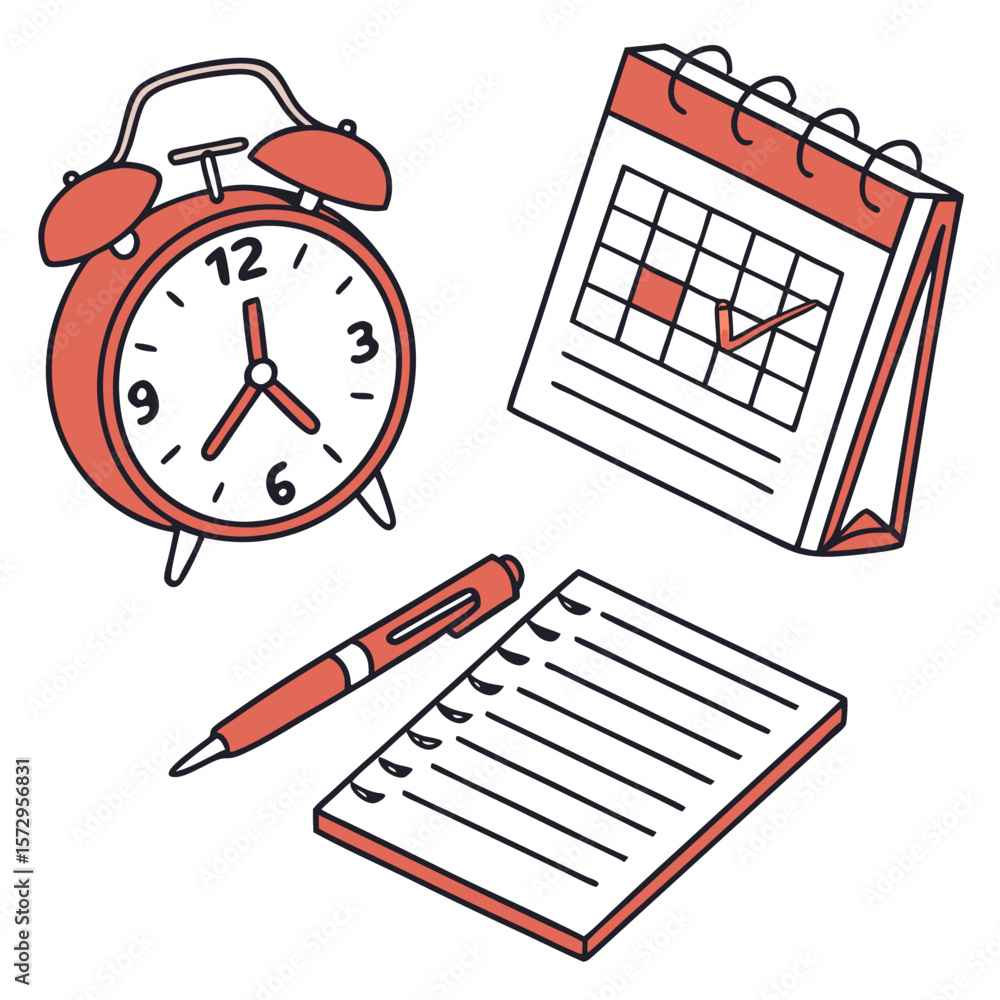 Poster a simple illustration of an alarm clock a calendar with a marked date a pen and a notepad representi