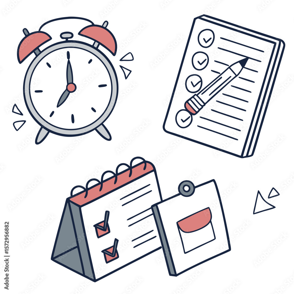 Poster a collection of hand drawn illustrations representing planning and time management including an alar