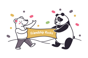 A friendly polar bear and a panda joyfully hold a banner that says friendship rocks amidst colorful scattered dots