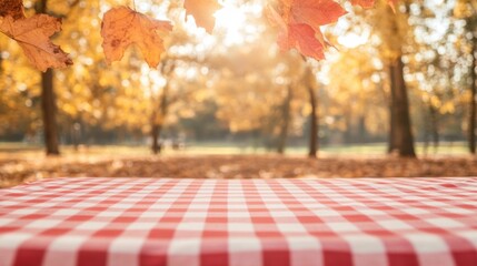 Autumn picnic setting with a checkered tablecloth and vibrant foliage