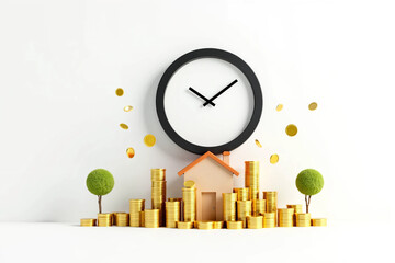Modern clock, rising bar chart, and gold coins representing time management, financial growth, smart investment, and economic success in a clean background