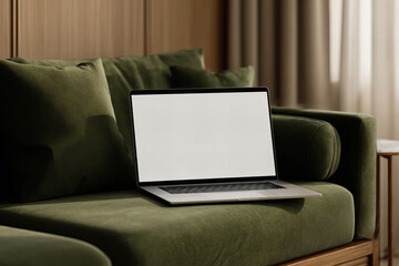 blank laptop display on sofa in modern room