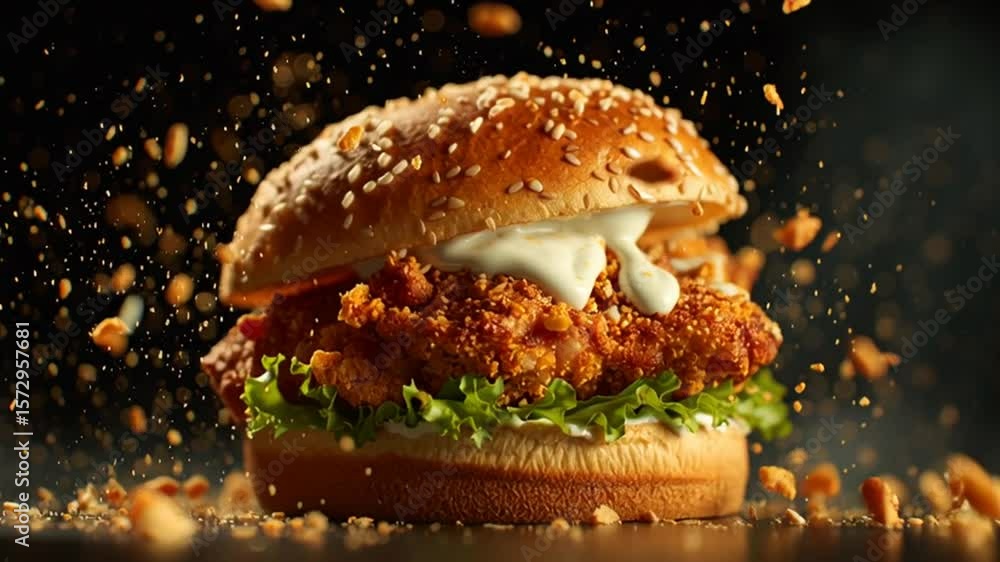 Aufkleber crispy chicken sandwich with sesame bun and toppings on display generative ai