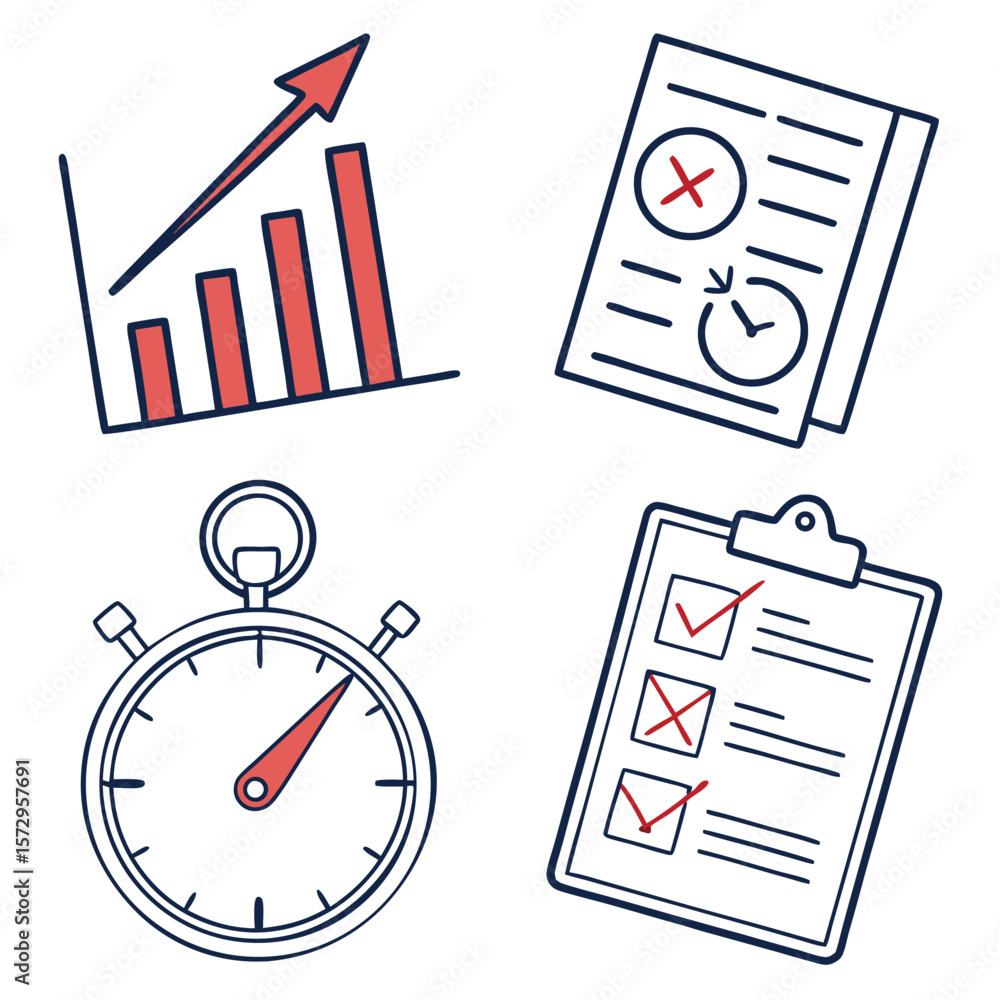 Poster conceptual illustration of business growth and time management with a bar graph stopwatch and checkl