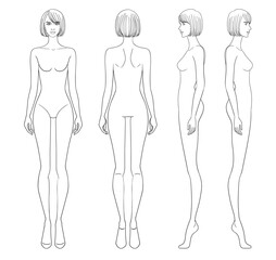 Fashion outline sketch croquis figurines front side back view with bob hair woman in vector.