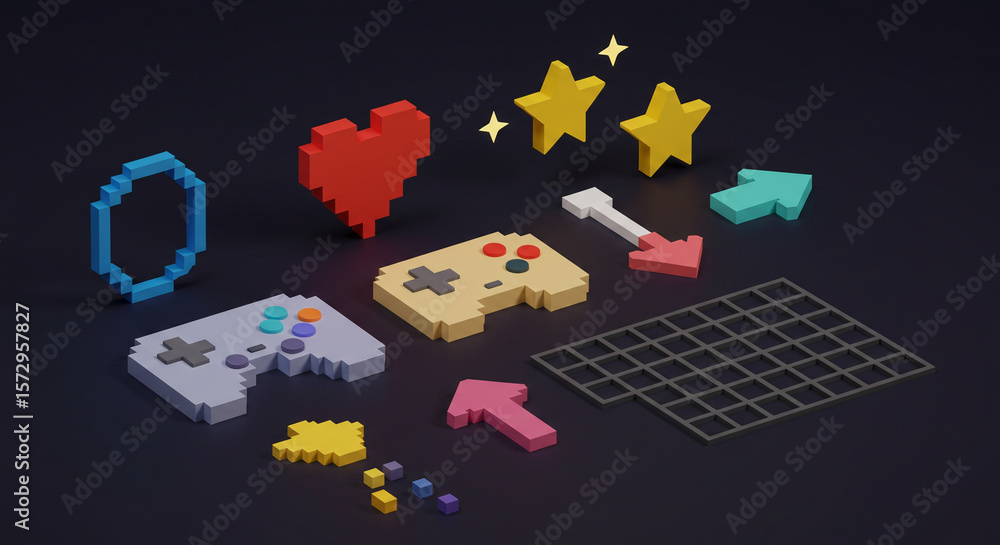 Fototapete Retro gaming pixel art controllers and icons vintage style game design assets for digital entertainment on transparent background
