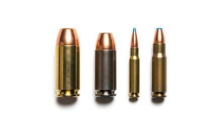 Four Different Types of Rifle Ammunition Cartridges on White Background