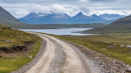 A scenic gravel road winds through a tranquil landscape, leading towards a serene loch nestled amidst majestic mountains under a cloudy sky