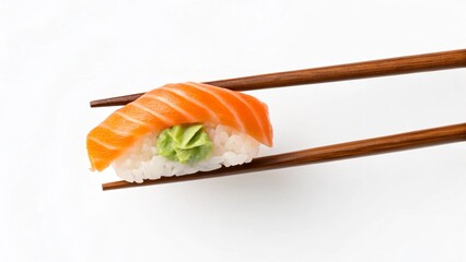 Salmon Sushi Nigiri with Wasabi, Held by Chopsticks, Clean White Background, Fresh, Appetizing.