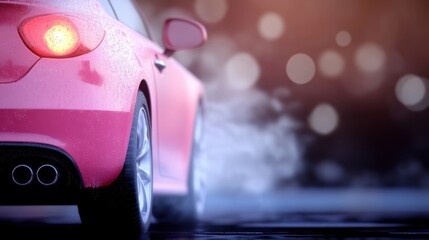 Rain-soaked road with a vivid pink car drifting at sunset