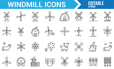 Windmill and Farming Icons for Agriculture, Renewable Energy, and Nature
