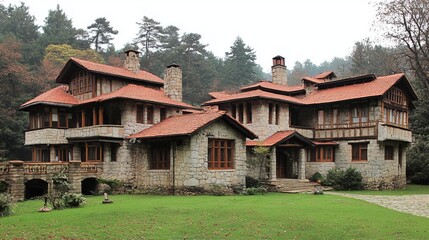 A sprawling stone mansion nestled in a lush forest, featuring multiple levels, terracotta roofs, and wooden accents