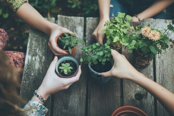 Friends enjoy planting herbs in small pots during a sunny gathering in the garden, Friends having fun planting herbs in small pots, on a pleasant afternoon