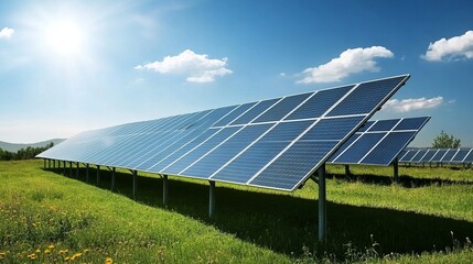 A sunny field hosts rows of solar panels, generating clean energy against a bright blue sky
