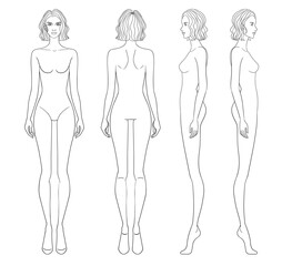 Fashion outline sketch croquis figurines front side back view with curly short hair woman in vector.