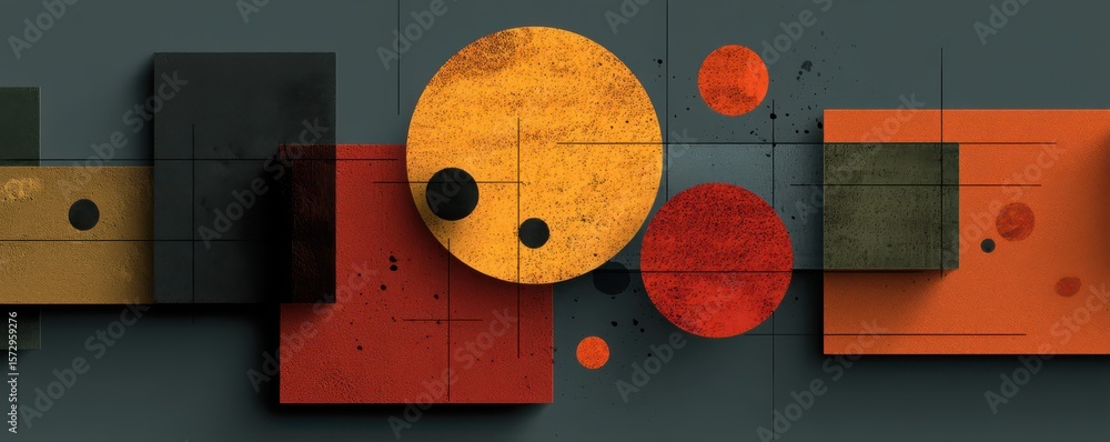 Poster abstract geometric digital artwork with circular and rectangular shapes in vibrant colors
