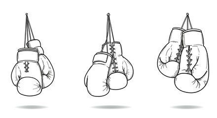 Hanging Boxing Gloves Black and White Vector Icon Set