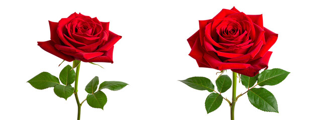 Fototapeta premium Single Red Rose with Stem and Leaves, Front-Facing View, Full Depth of Field, isolated on white background PNG