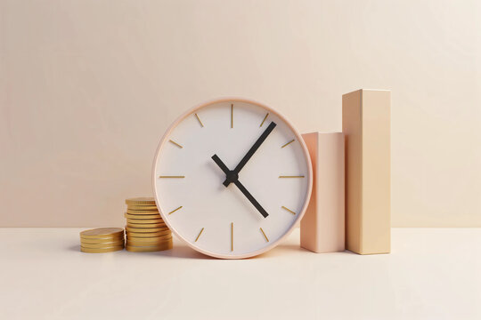Modern clock, rising bar chart, and gold coins representing time management, financial growth, smart investment, and economic success in a clean background