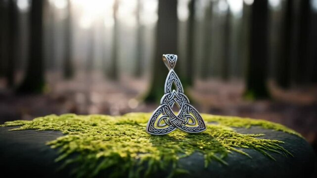 Celtic knot pendant jewelry on moss with forest trees in sunlight background.