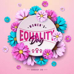Women's Equality Day Banner Design with Colorful Flower and Typography Lettering on Pink Background. August 26 National Feminine Holiday in United States. USA Celebration Template for Flyer, Greeting