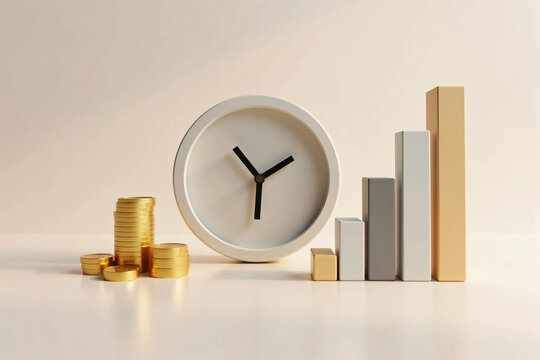Modern clock, rising bar chart, and gold coins representing time management, financial growth, smart investment, and economic success in a clean background
