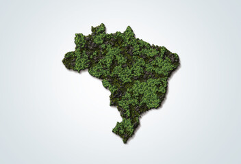 Brazil country 3D Map Top View. Brasil map with green trees isolated on white background.