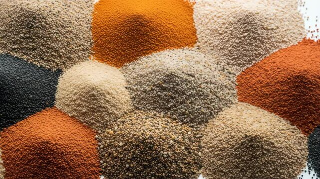 Diverse colorful piles of granular materials: white, black, orange, brown and tan powders. Food, ingredients, or industry concept.