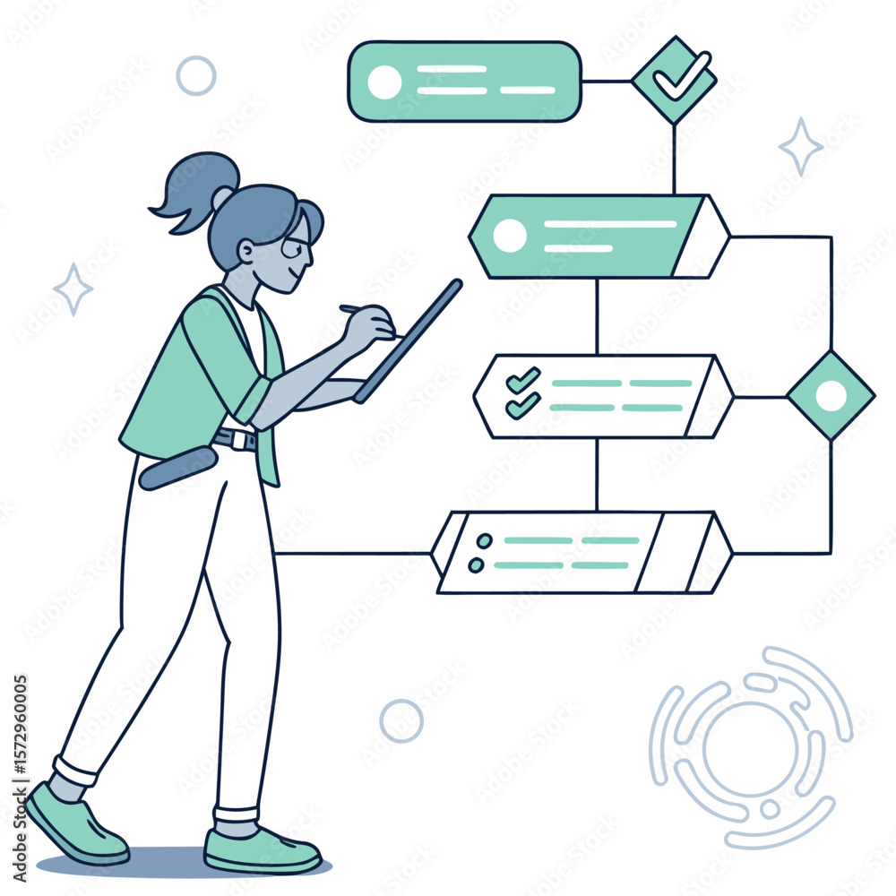 Poster a young woman with a ponytail wearing a green jacket and white pants interacts with a digital flowch