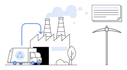 Recycling truck outside factory as smoke emerges from chimneys, arrow connecting input to consumed materials. Ideal for sustainability, waste management, manufacturing, circular economy, corporate