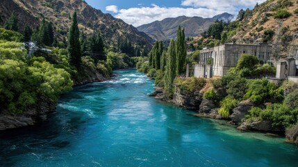Fototapeta premium Clean hydroelectric dam surrounded by lush forest