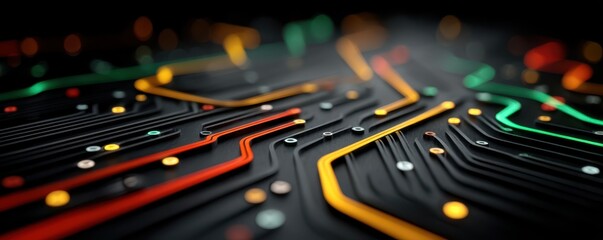 Colorful illuminated circuit board pattern with intricate design details