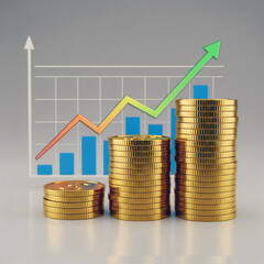 Visual illustration of financial growth with an ascending bar chart and stacks of gold coins. Modern concept perfect for business, investment, and economic presentations.
