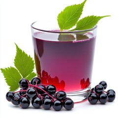Dark Purple Elderberry Juice with Fresh Berries and Leaves