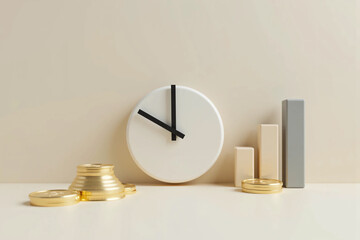 Modern clock, rising bar chart, and gold coins representing time management, financial growth, smart investment, and economic success in a clean background