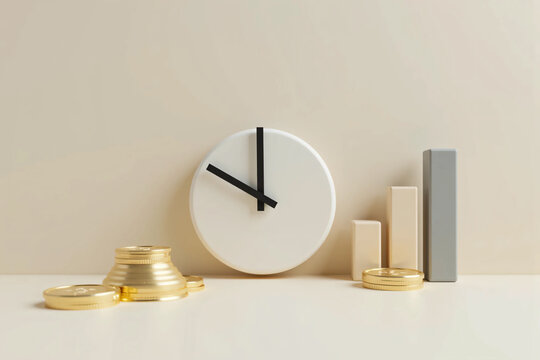 Modern clock, rising bar chart, and gold coins representing time management, financial growth, smart investment, and economic success in a clean background - Powered by Adobe