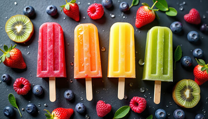 Colorful fruit popsicles arranged on a textured slate surface with fresh berries, refreshing summer treat concept.