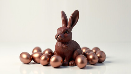 Luxurious chocolate Easter bunny sitting among glossy metallic bronze eggs on a pristine white surface, celebration of spring and indulgence.