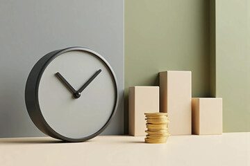 Modern clock, rising bar chart, and gold coins representing time management, financial growth, smart investment, and economic success in a clean background
