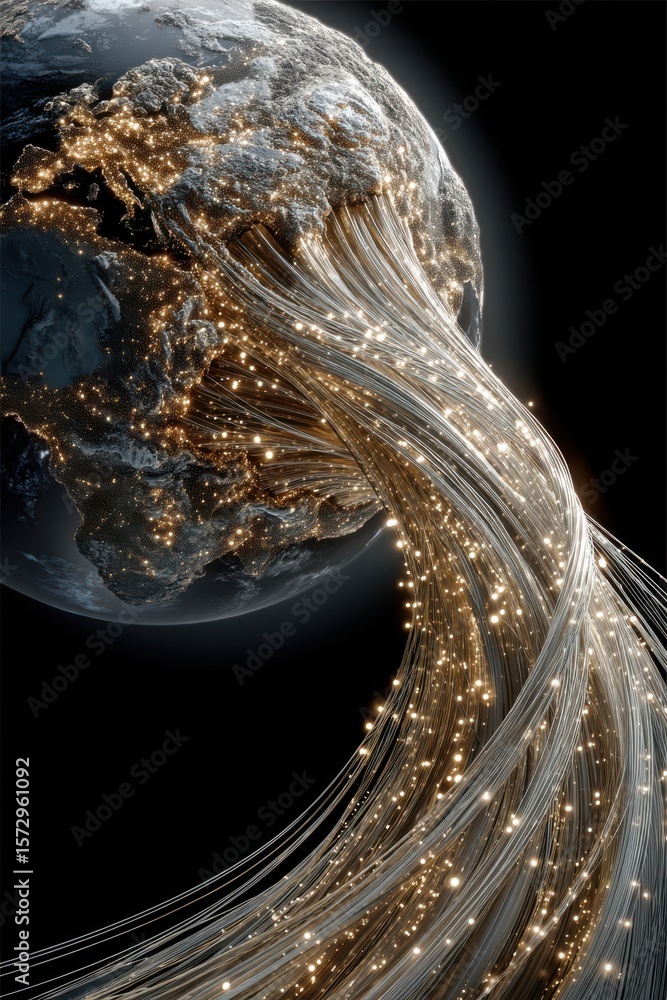 Poster glowing data cables extending from the earth symbolizing global connectivity