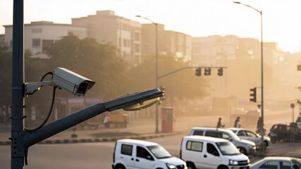Security camera oversees traffic and buildings in urban landscape, highlighting surveillance, safety, and city life. Security camera monitors road junctions and urban infrastructure under soft light, - Powered by Adobe