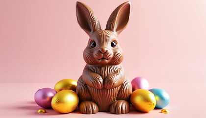 Traditional chocolate Easter bunny surrounded by vibrant foil-wrapped eggs on a soft pink background, joyful celebration of spring.
