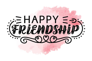 Celebrate the bond of friendship with this charming happy friendship typographic design featuring a soft pink watercolor splash and decorative elements