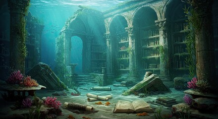 Underwater library ruins with ancient books and scrolls in the ocean depths